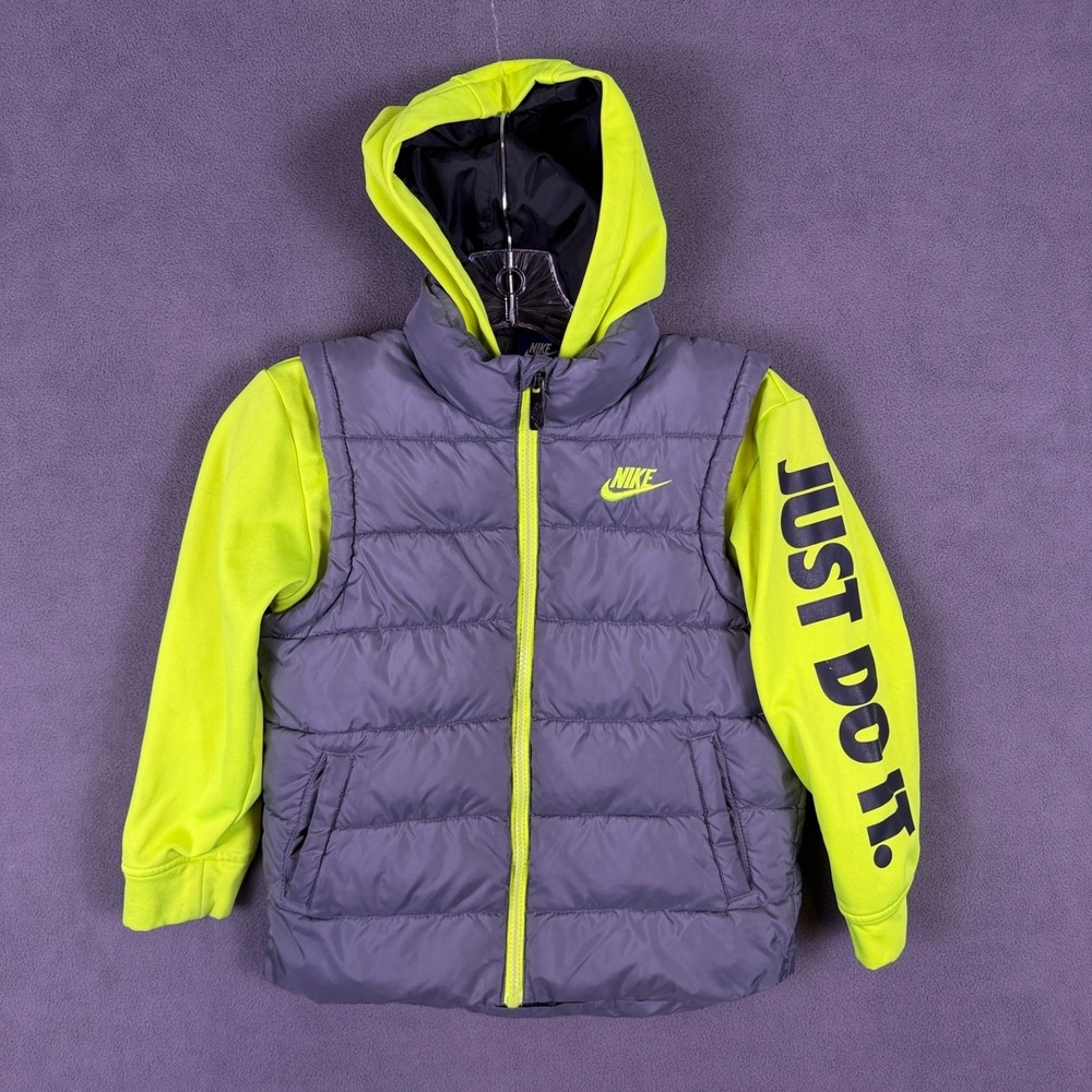 Nike Hooded Puffer Jacket  76G481 Kids Boy Size 7L Gray Volt Read!